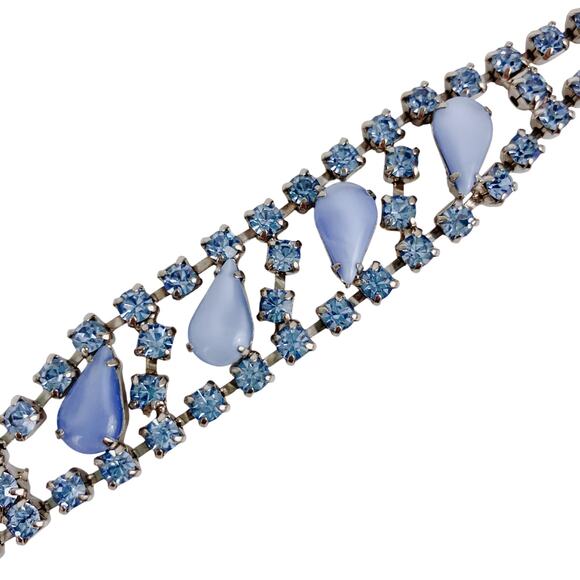 Vintage 1950s Blue Glass Rhinestone Moonglow Bracelet Mid Century Silver Tone - Picture 12 of 15